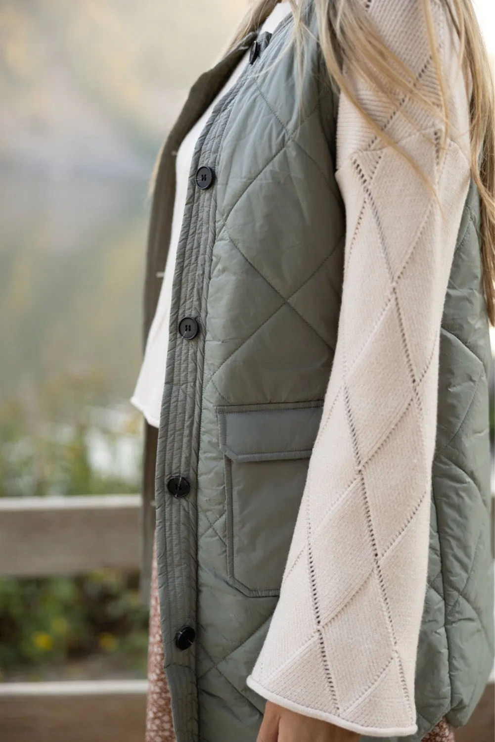 Grass Green Stitched Quilted Vest Jacket with Pockets