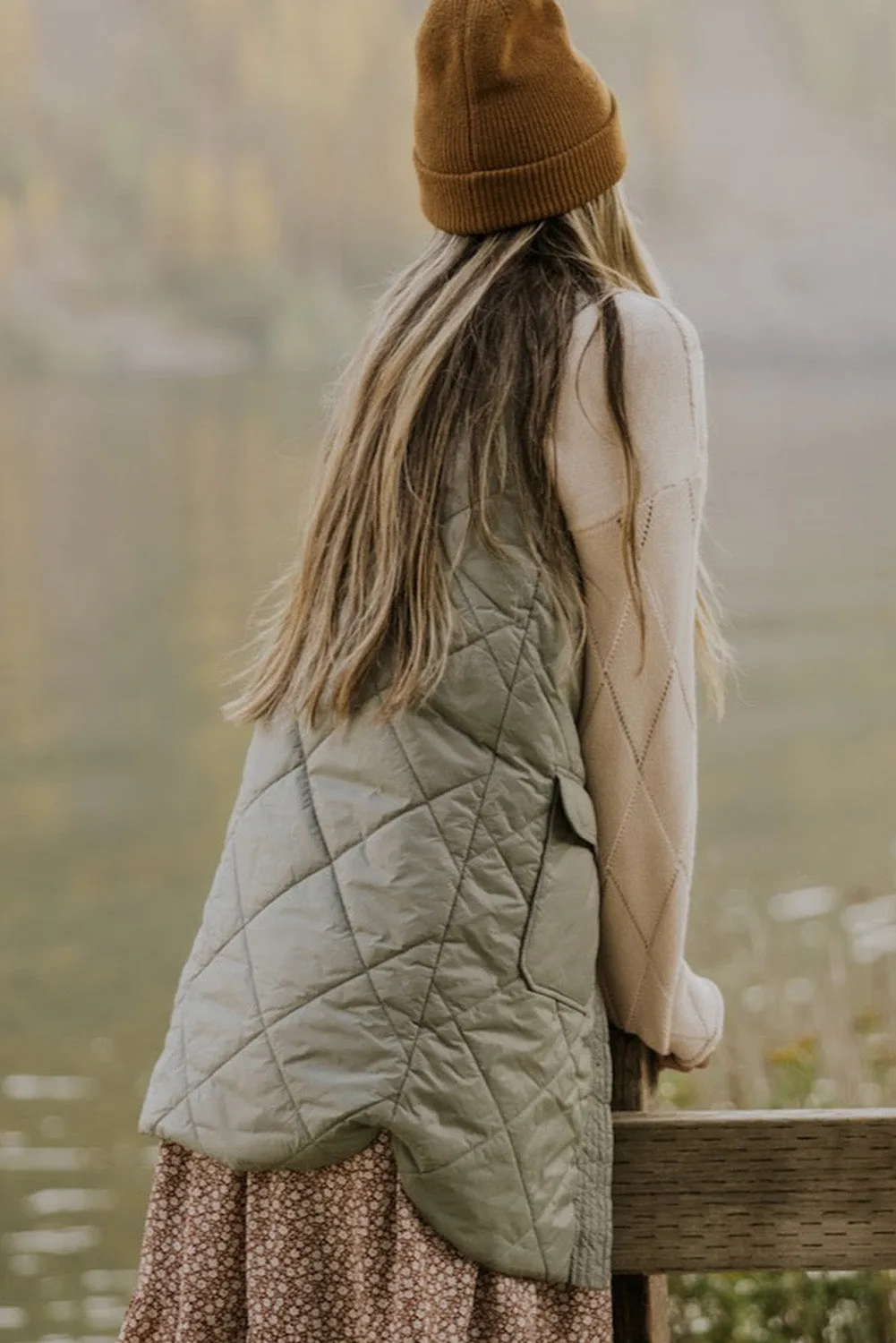Grass Green Stitched Quilted Vest Jacket with Pockets