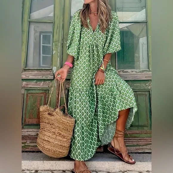 Green white geometric print maxi dress