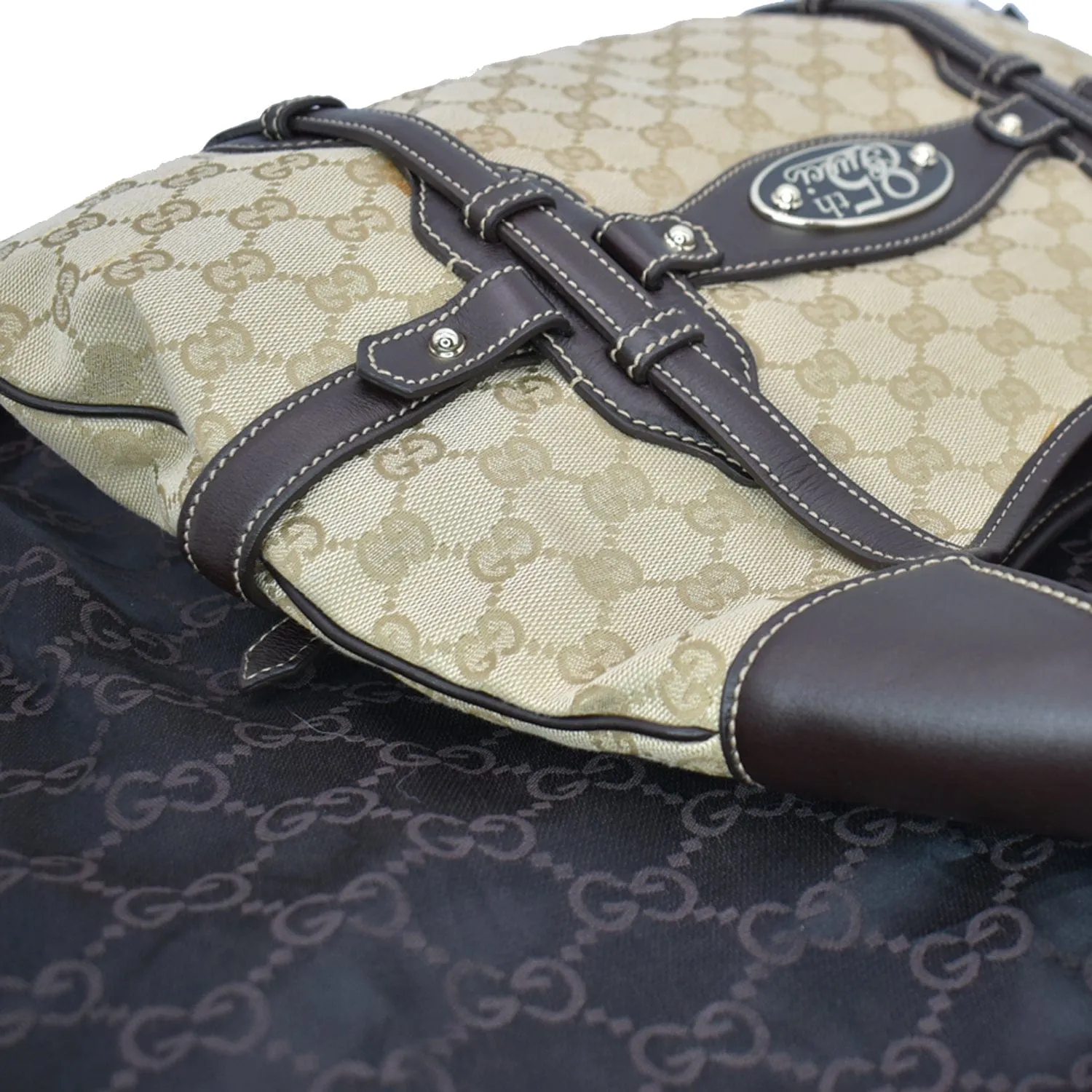 GUCCI 85th Anniversary Horsebit GG Canvas Hobo Bag Beige 163804