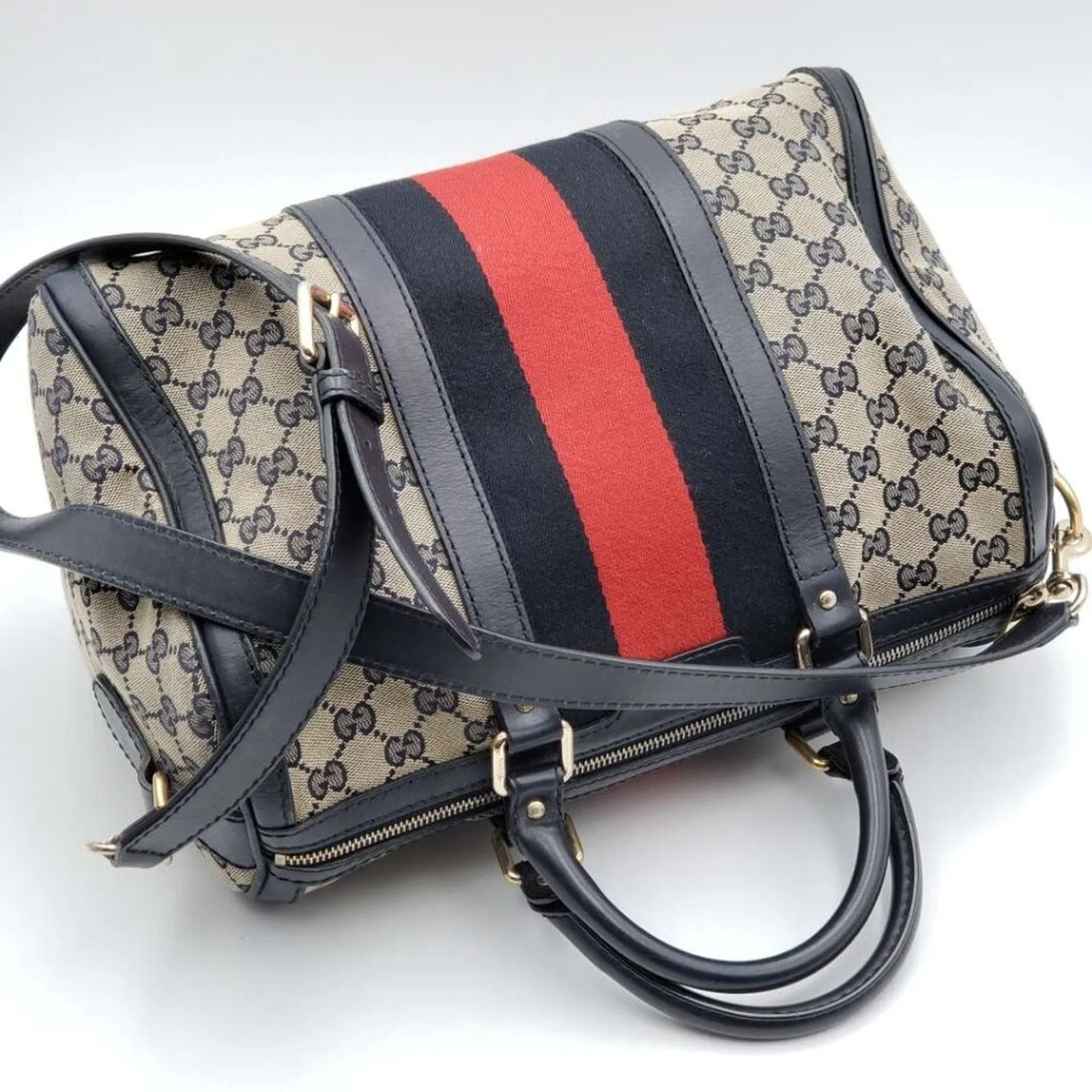 GUCCI Boston Medium Navy GG Cloth Satchel Bag