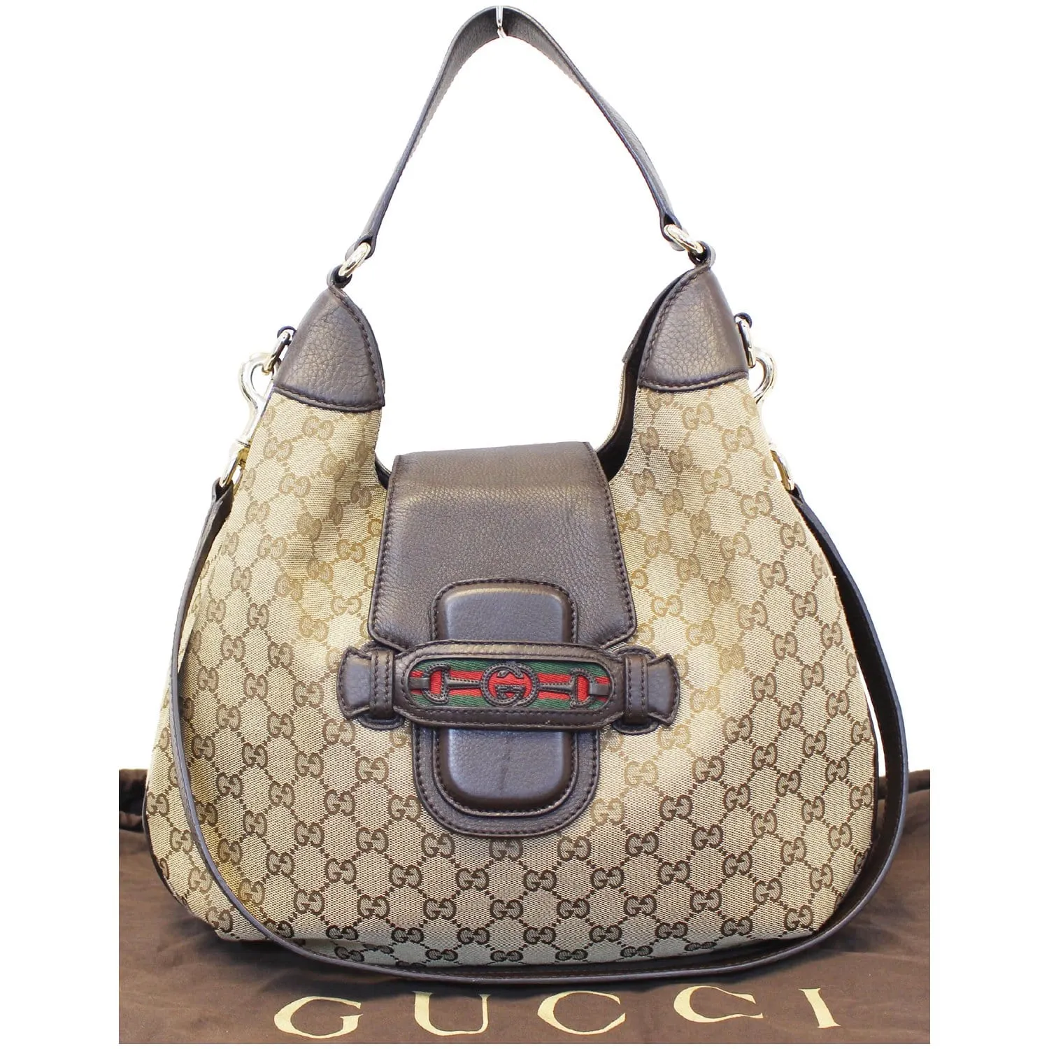 GUCCI Dressage Monogram Web Hobo Bag Dark Brown