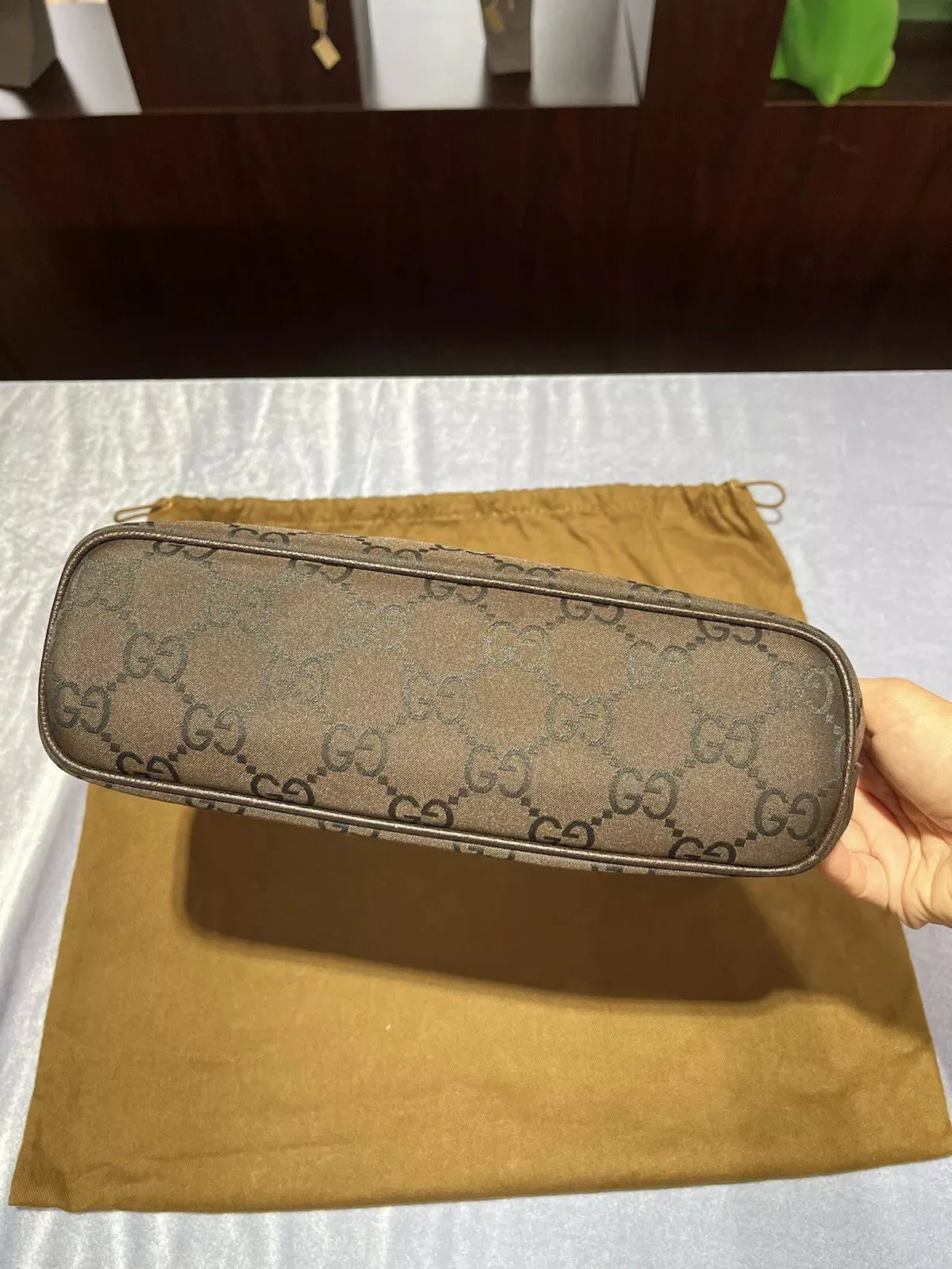 GUCCI GG Nylon Hobo Leather Shoulder Bag Purse in Brown Pre owned