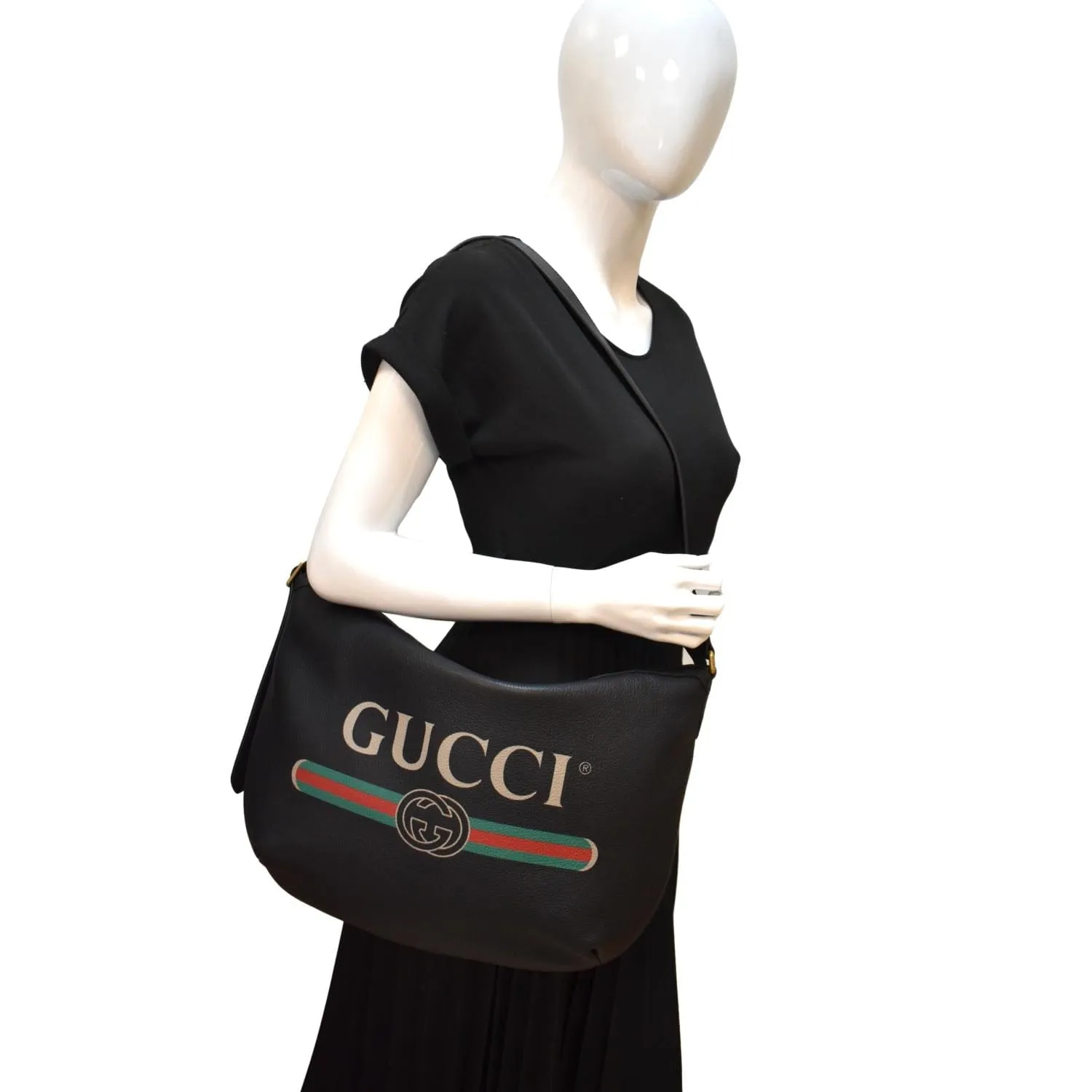 GUCCI Half Moon Logo Calfskin Leather Hobo Shoulder Bag Black 523588