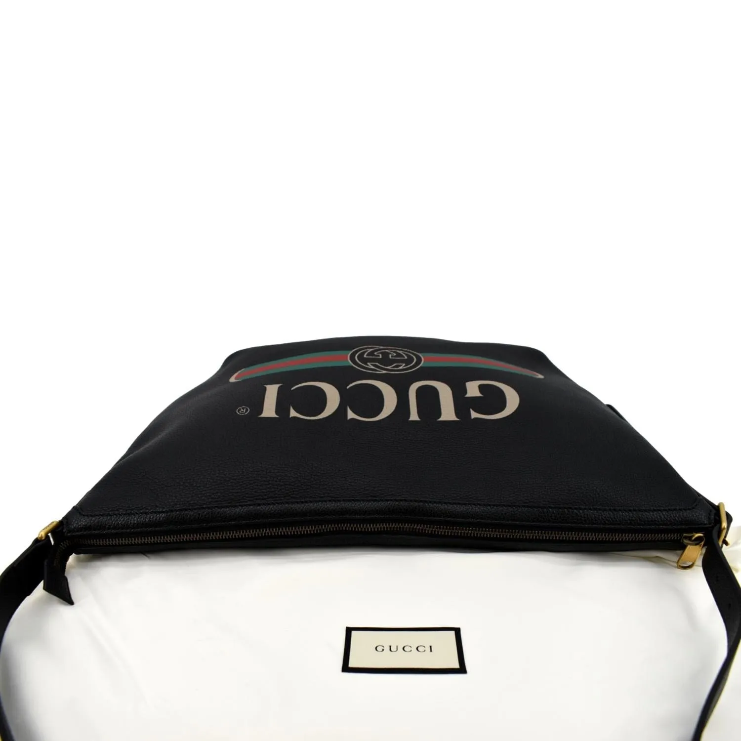 GUCCI Half Moon Logo Calfskin Leather Hobo Shoulder Bag Black 523588