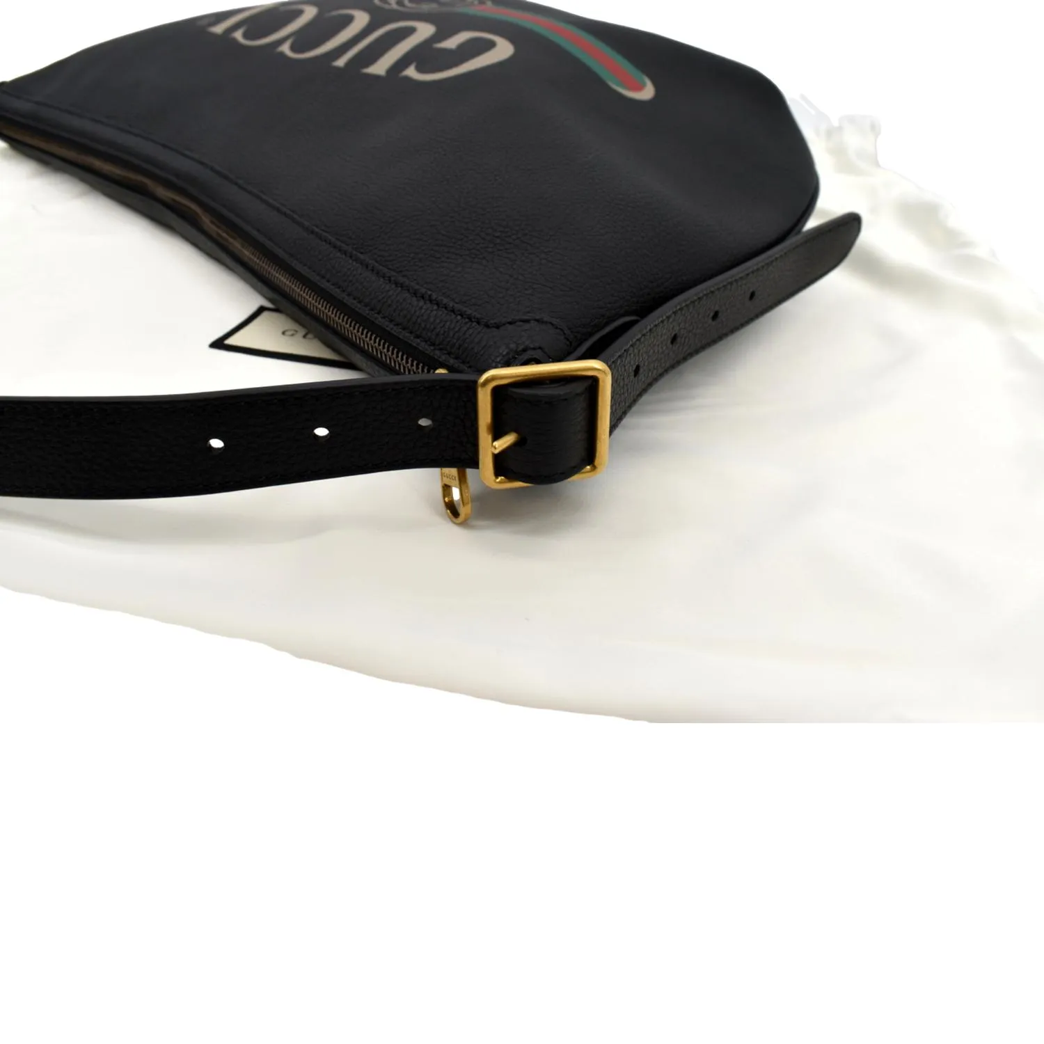 GUCCI Half Moon Logo Calfskin Leather Hobo Shoulder Bag Black 523588