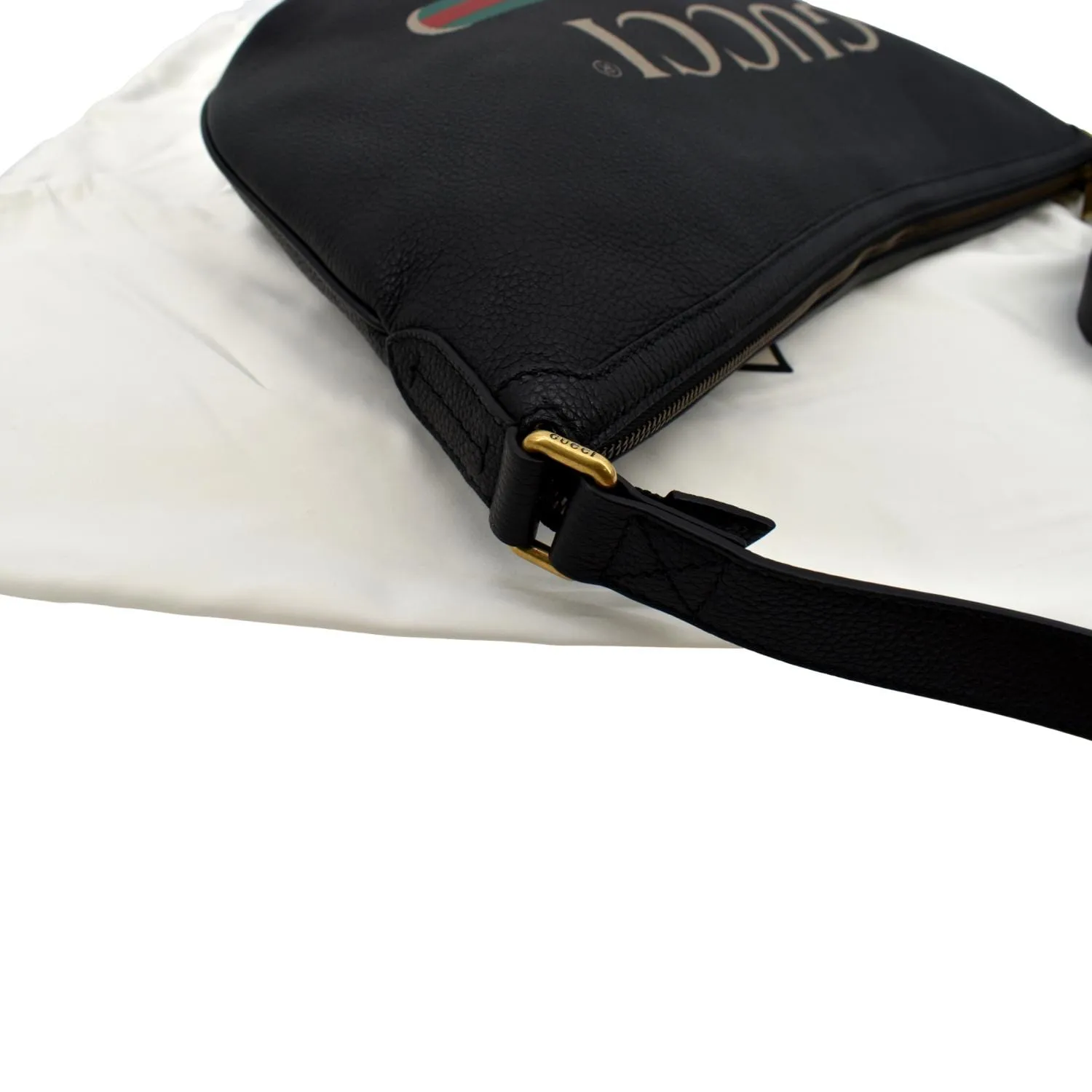 GUCCI Half Moon Logo Calfskin Leather Hobo Shoulder Bag Black 523588