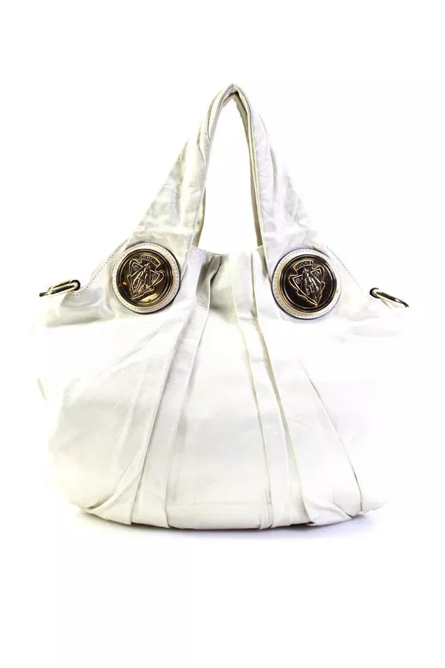 Gucci Italy. White Pleated Leather Goldplated Accent Top Handle Hobo Crossbody/Shoulderbag w/Strap