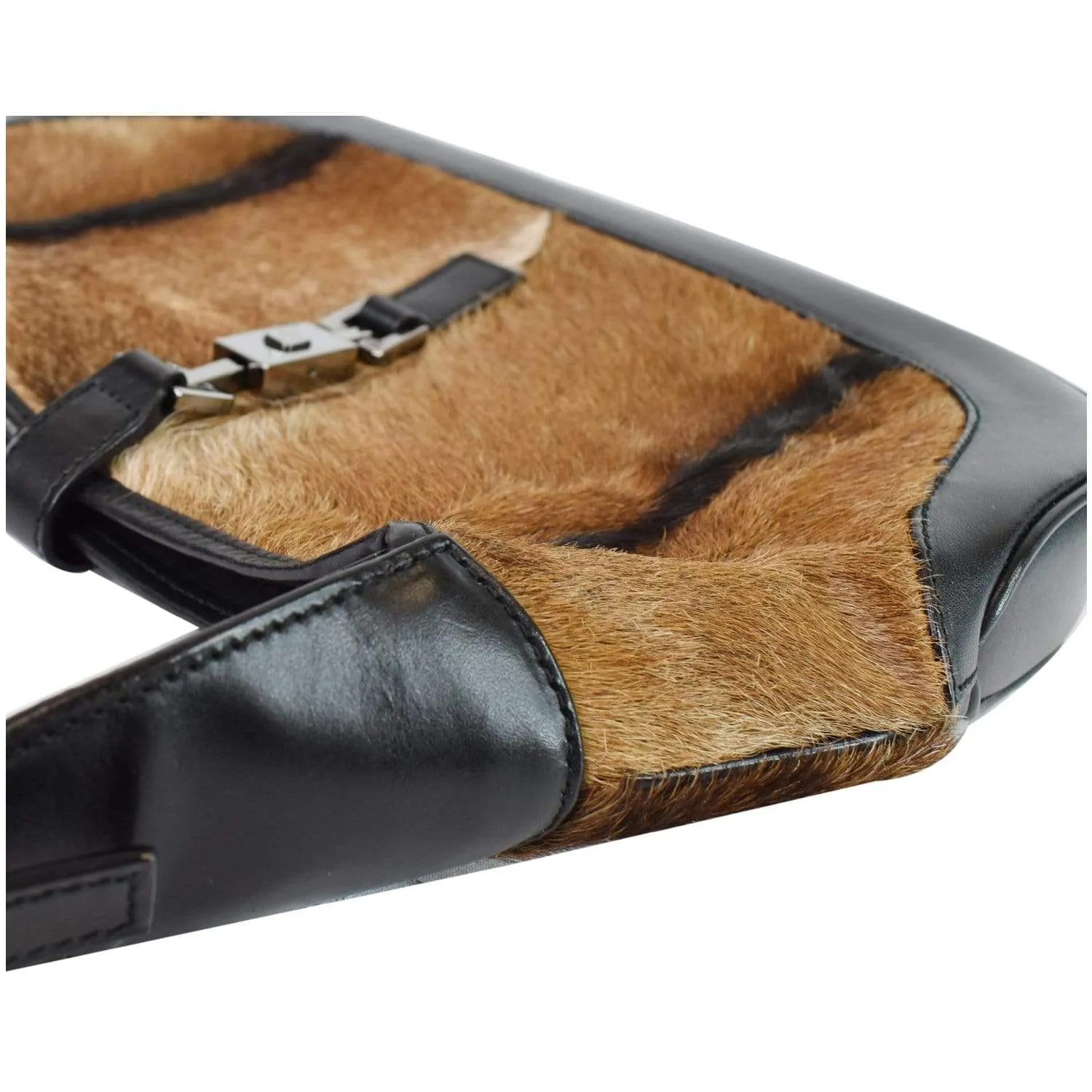 GUCCI Jackie O Pony Hair Leather Hobo Shoulder Bag Brown