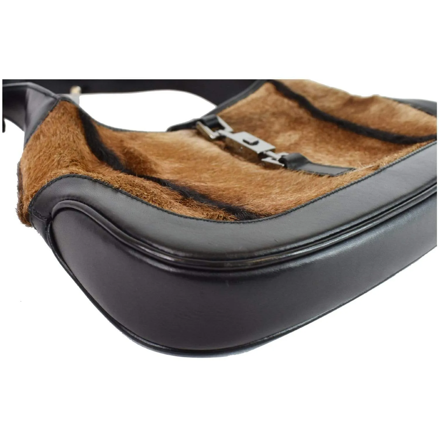 GUCCI Jackie O Pony Hair Leather Hobo Shoulder Bag Brown