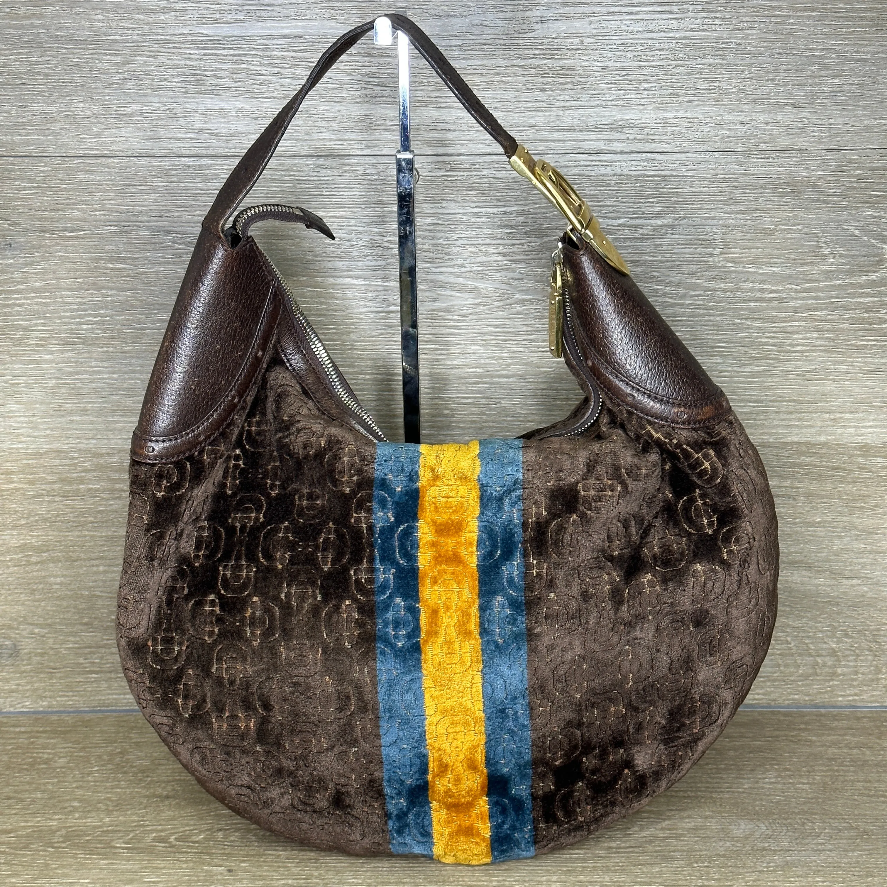 Gucci Vintage Horsebit Striped Velour Glam Hobo Bag