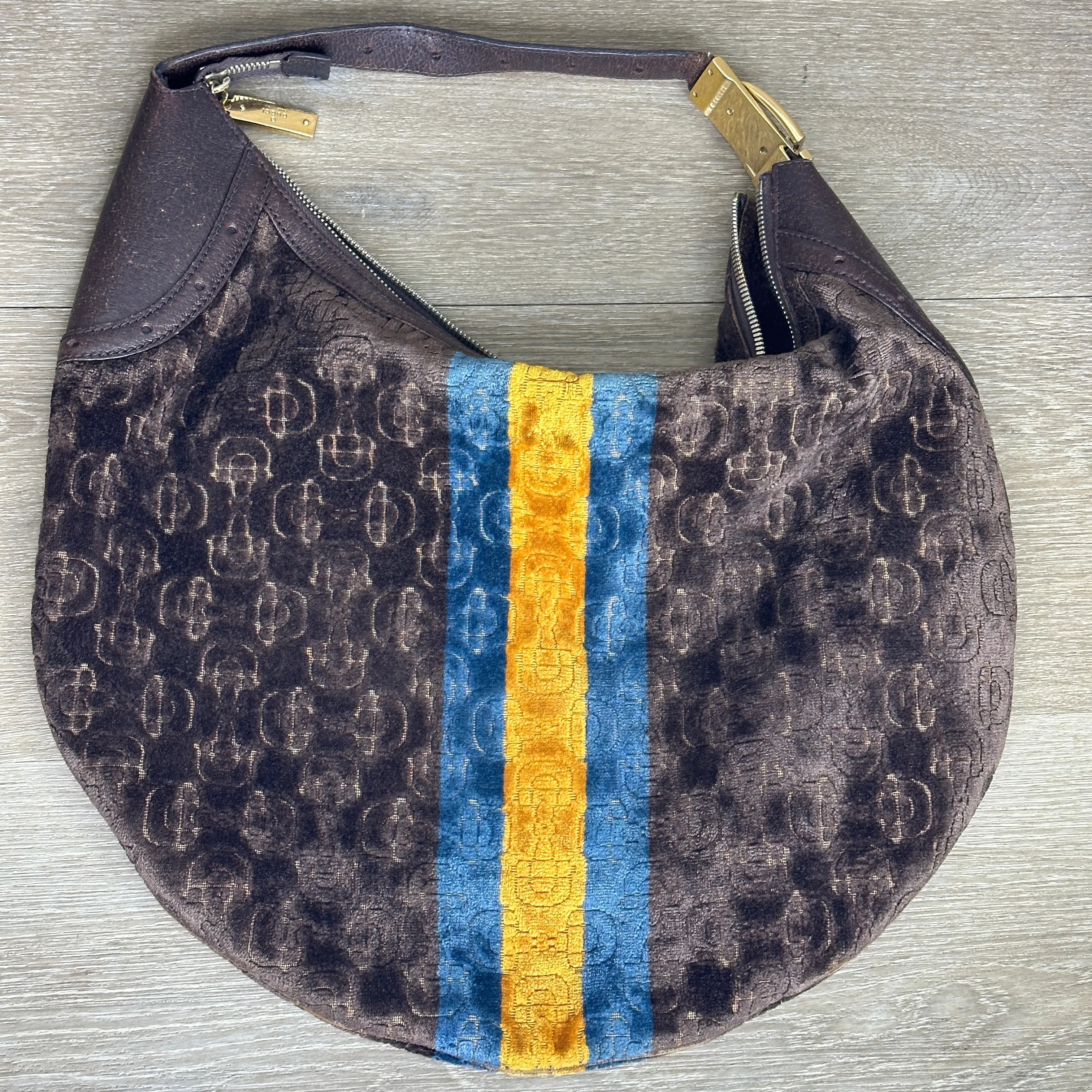 Gucci Vintage Horsebit Striped Velour Glam Hobo Bag