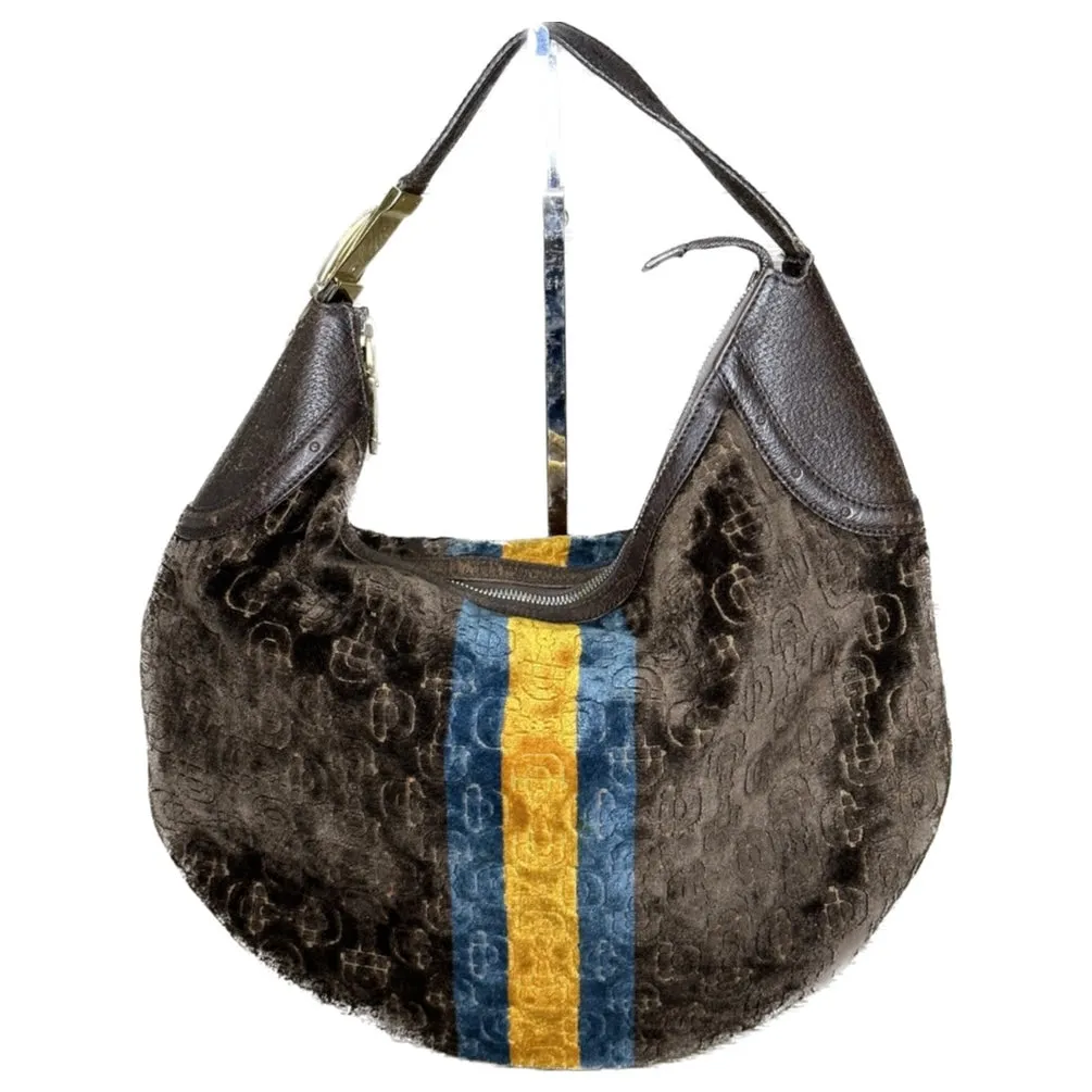 Gucci Vintage Horsebit Striped Velour Glam Hobo Bag