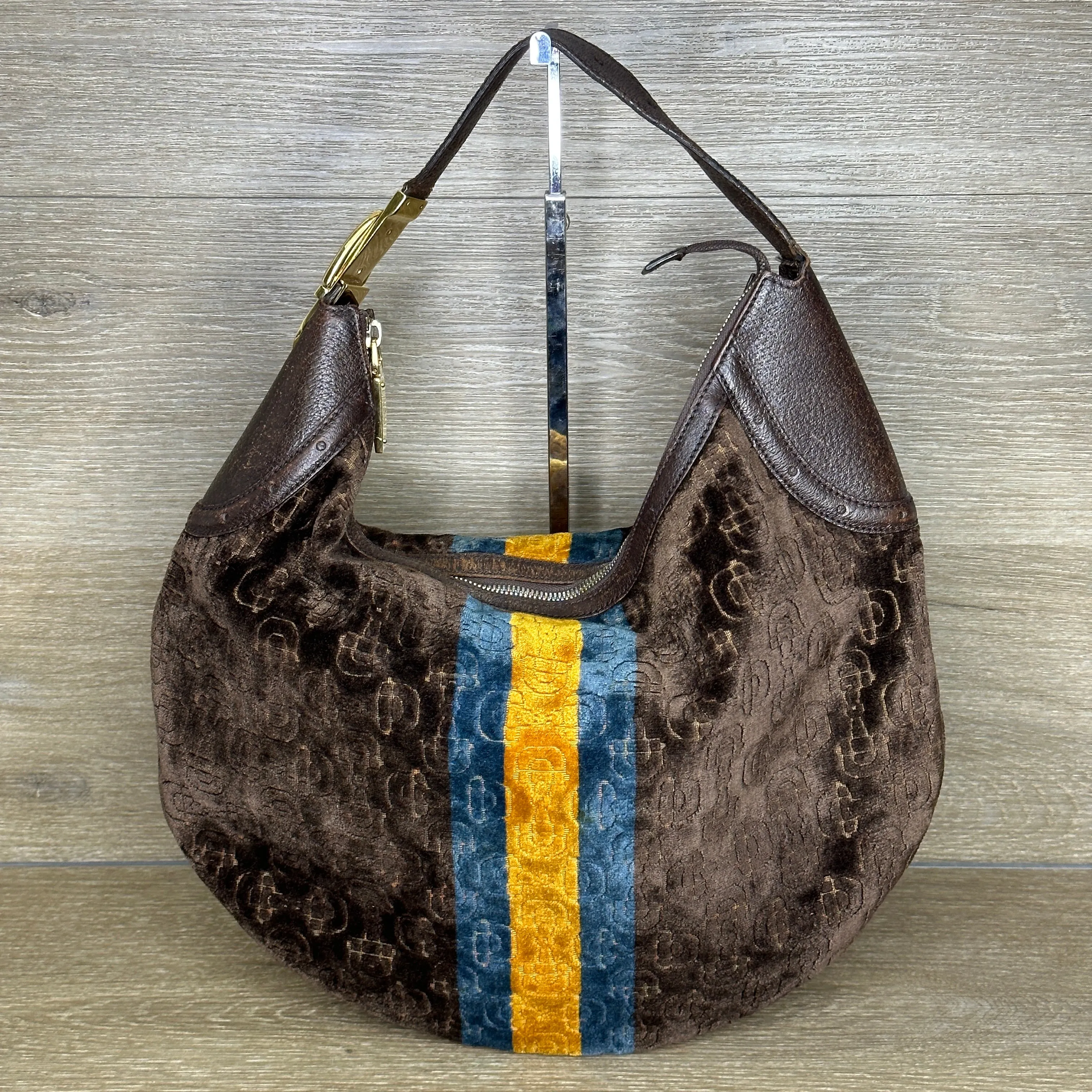 Gucci Vintage Horsebit Striped Velour Glam Hobo Bag