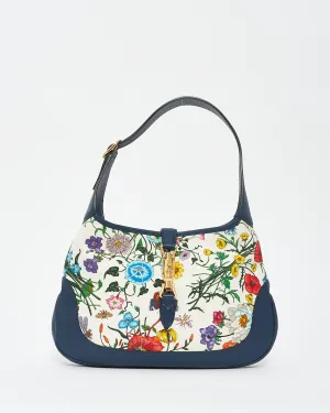 Gucci White/Blue Flora Print Medium Jackie Hobo Bag