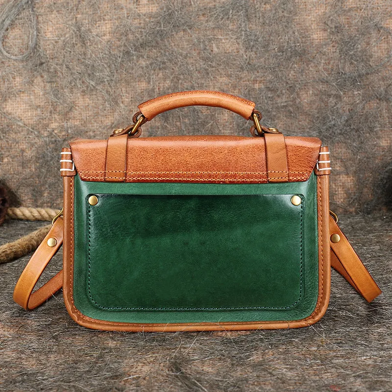 Handmade Green Leather Womens Satchel Shoulder Bag Small School Handbag Crossbody Purses for Ladies