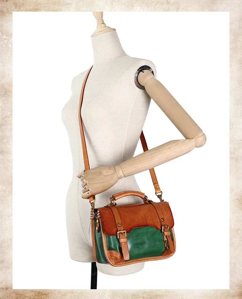 Handmade Green Leather Womens Satchel Shoulder Bag Small School Handbag Crossbody Purses for Ladies