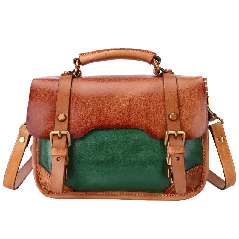 Handmade Green Leather Womens Satchel Shoulder Bag Small School Handbag Crossbody Purses for Ladies