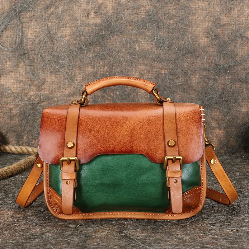Handmade Green Leather Womens Satchel Shoulder Bag Small School Handbag Crossbody Purses for Ladies