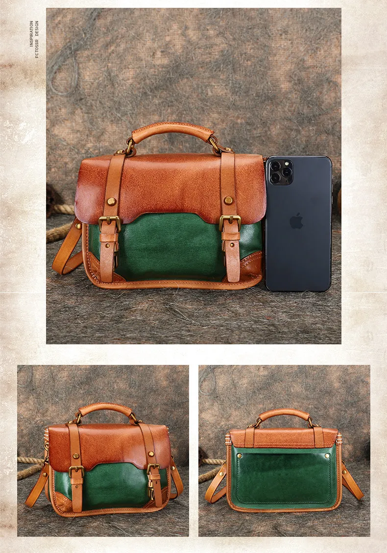 Handmade Green Leather Womens Satchel Shoulder Bag Small School Handbag Crossbody Purses for Ladies
