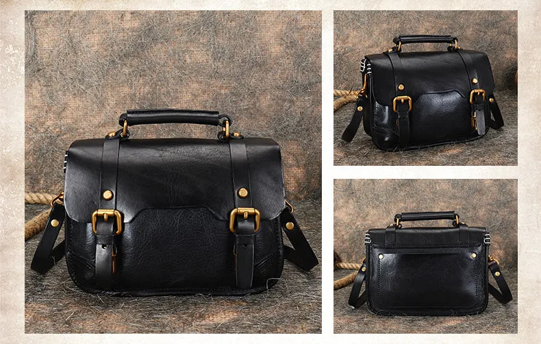 Handmade Green Leather Womens Satchel Shoulder Bag Small School Handbag Crossbody Purses for Ladies