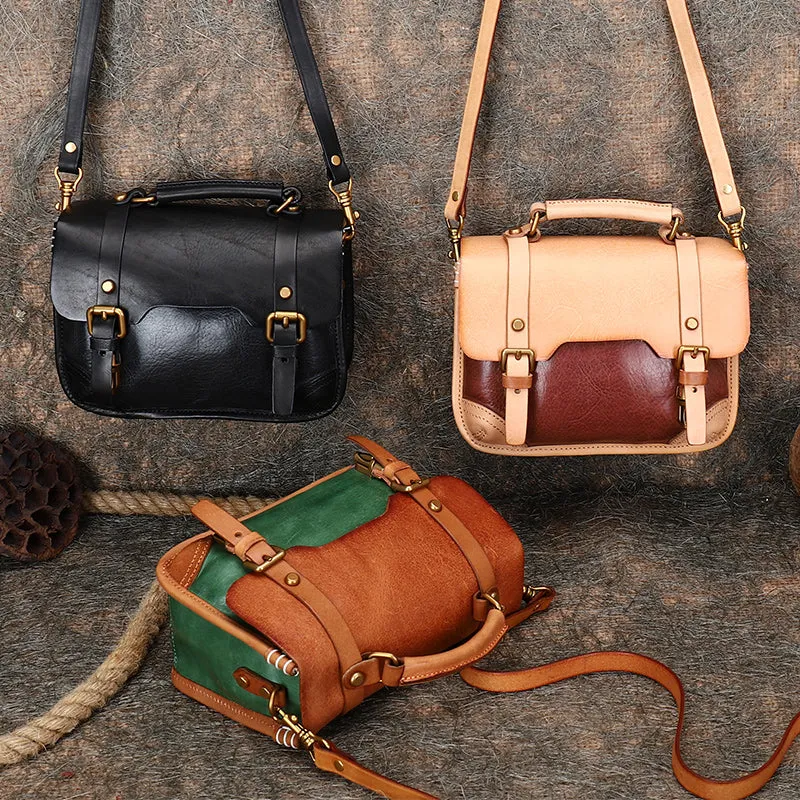 Handmade Green Leather Womens Satchel Shoulder Bag Small School Handbag Crossbody Purses for Ladies
