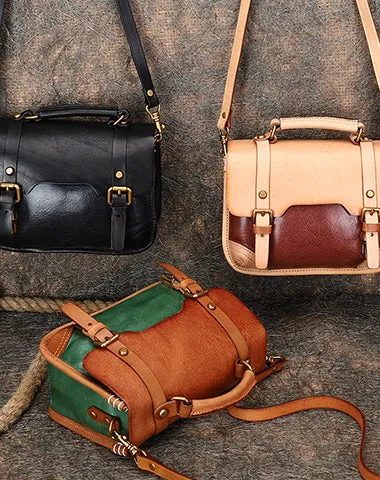 Handmade Green Leather Womens Satchel Shoulder Bag Small School Handbag Crossbody Purses for Ladies