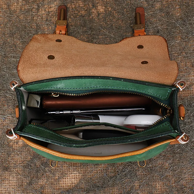Handmade Green Leather Womens Satchel Shoulder Bag Small School Handbag Crossbody Purses for Ladies