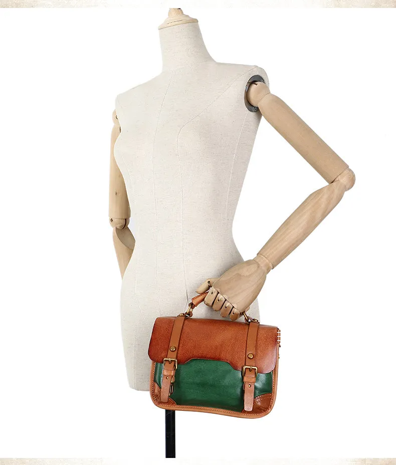 Handmade Green Leather Womens Satchel Shoulder Bag Small School Handbag Crossbody Purses for Ladies