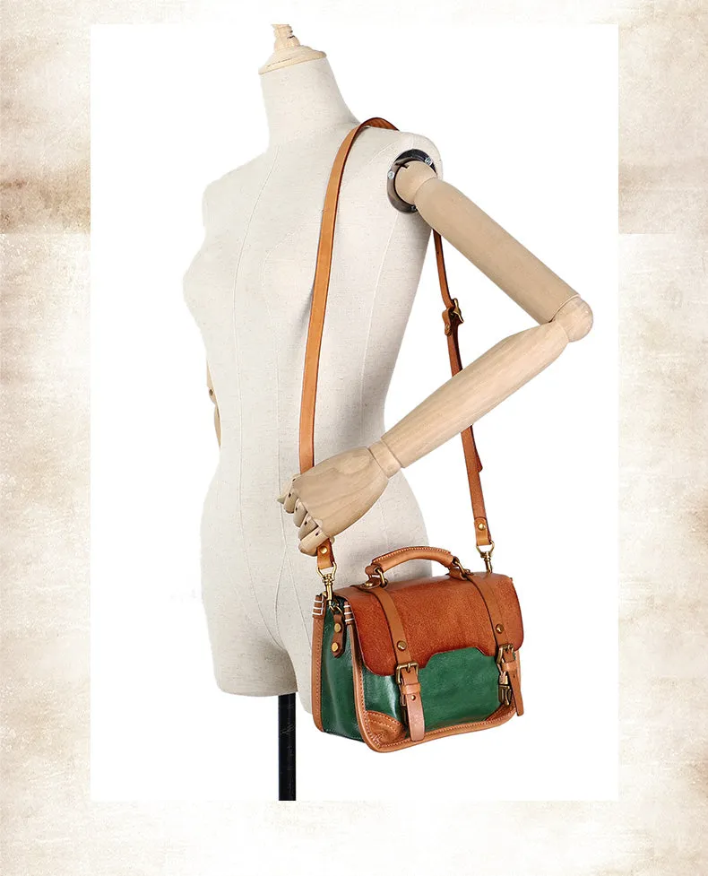 Handmade Green Leather Womens Satchel Shoulder Bag Small School Handbag Crossbody Purses for Ladies