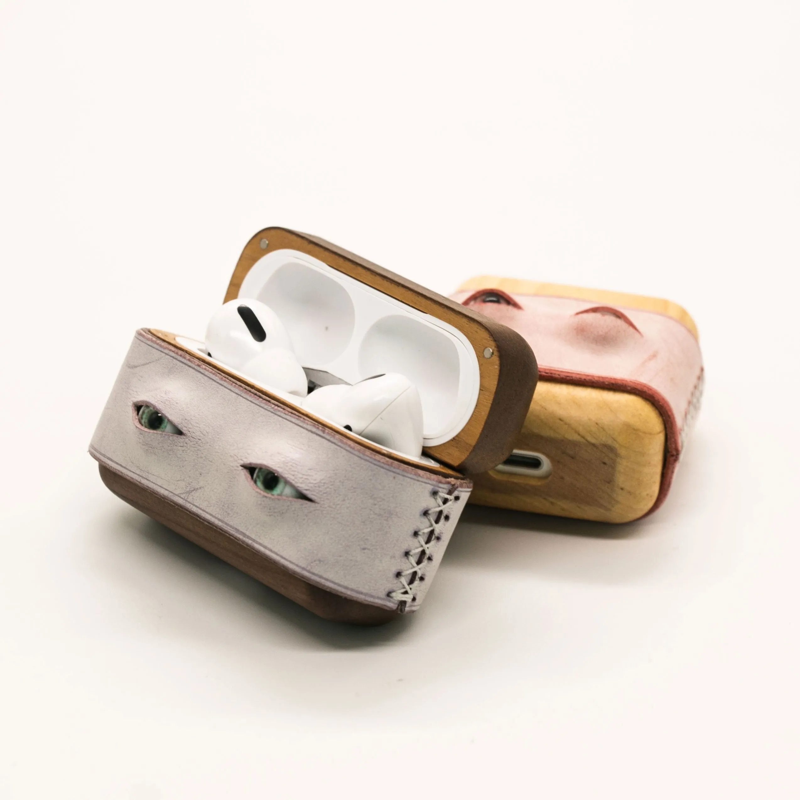 Handmade Purple Leather Coffee Wood AirPods Pro Case with Eyes Custom Leather AirPods Pro Case Airpod Case Cover