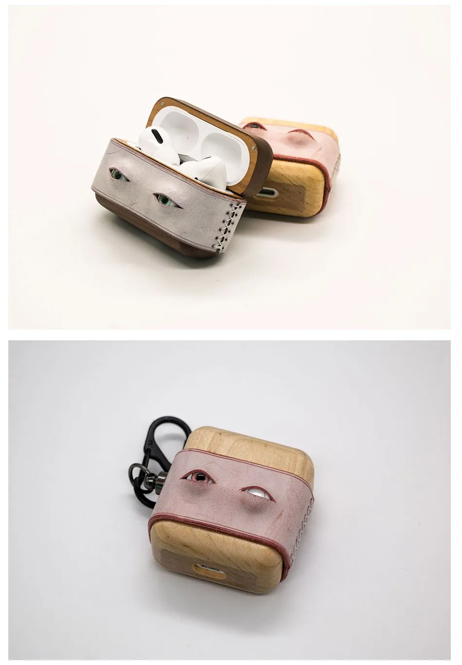 Handmade Purple Leather Coffee Wood AirPods Pro Case with Eyes Custom Leather AirPods Pro Case Airpod Case Cover