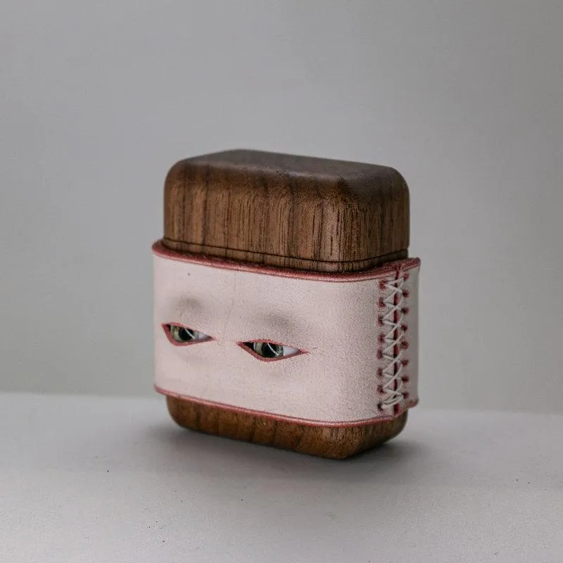 Handmade Purple Leather Coffee Wood AirPods Pro Case with Eyes Custom Leather AirPods Pro Case Airpod Case Cover
