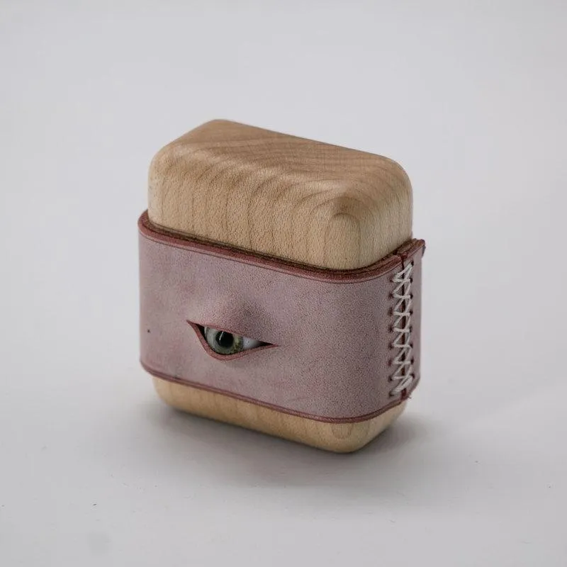 Handmade Purple Leather Wood AirPods 1,2 Case with Eye Custom Leather AirPods 1,2 Case Airpod Case Cover