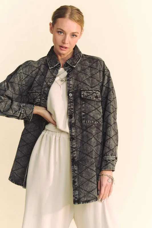 Hazel Blues® |  Davi & Dani Curved Hem Diamond Quilted Button Up Denim Shacket