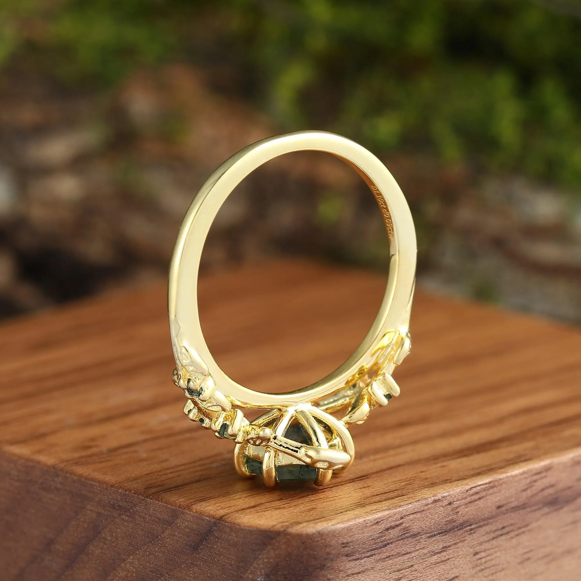 Hexagon Cut Moss Agate Green Emerald  Opal Gold Leaf Couples Ring Set  His and Hers Leaf Wedding Band