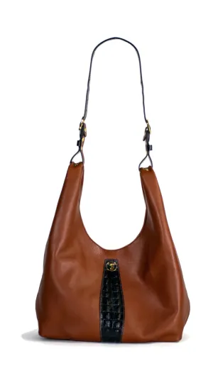 Jena Buckle Hobo Bag : Croc Effect in Cognac Leather