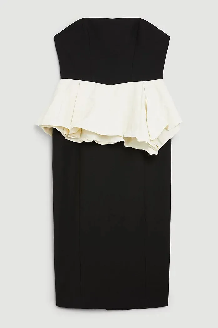 Karen Millen Black Compact Stretch Double Ruffle Bandeau Midi Dress UK 6