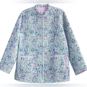 LA CERA | Lilac Floral Cotton Quilted Button Front Cottagecore Jacket | XL
