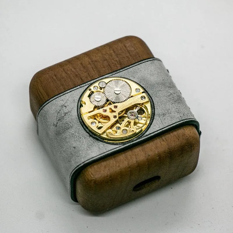 Leather Wood AirPods 1,2 Case with Black Watch Movement Handmade Custom Leather AirPods 1,2 Case Airpod Case Cover