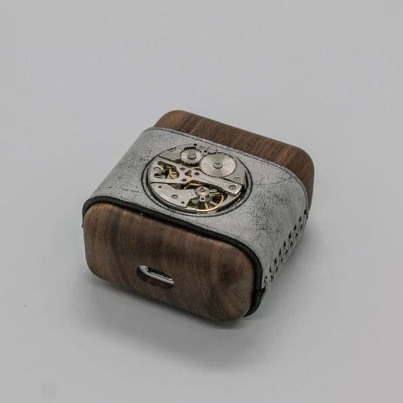 Leather Wood AirPods 1,2 Case with Black Watch Movement Handmade Custom Leather AirPods 1,2 Case Airpod Case Cover