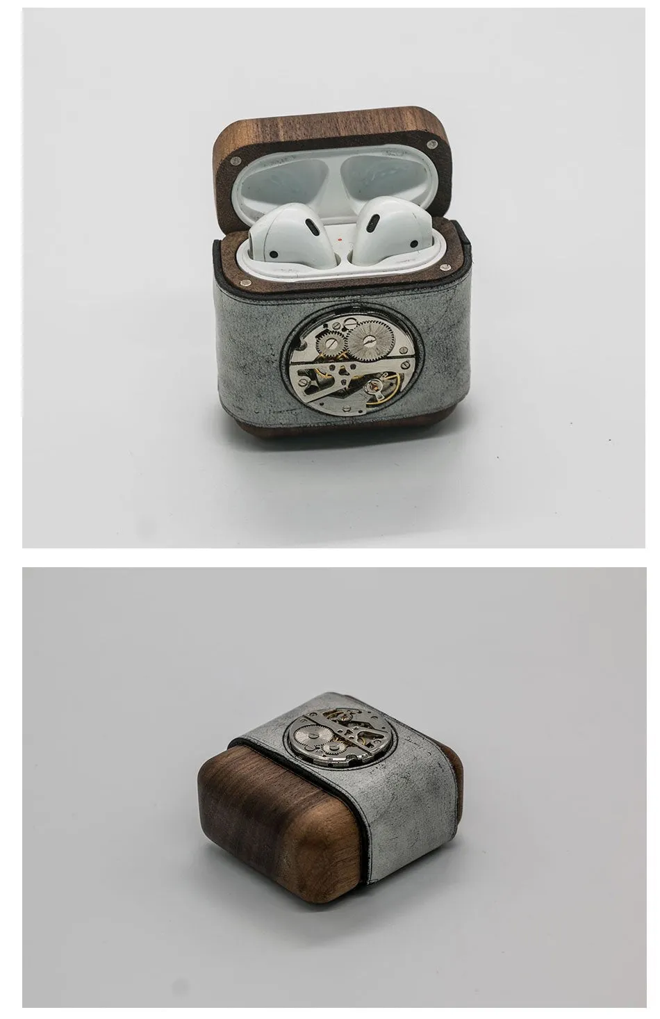 Leather Wood AirPods 1,2 Case with Black Watch Movement Handmade Custom Leather AirPods 1,2 Case Airpod Case Cover