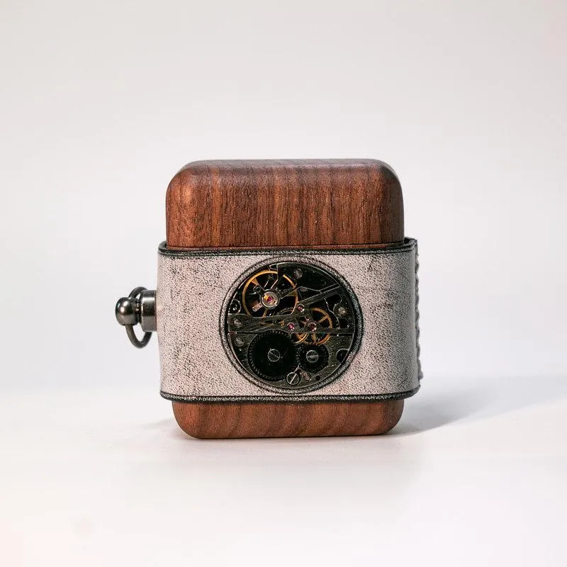 Leather Wood AirPods 1,2 Case with Black Watch Movement Handmade Custom Leather AirPods 1,2 Case Airpod Case Cover
