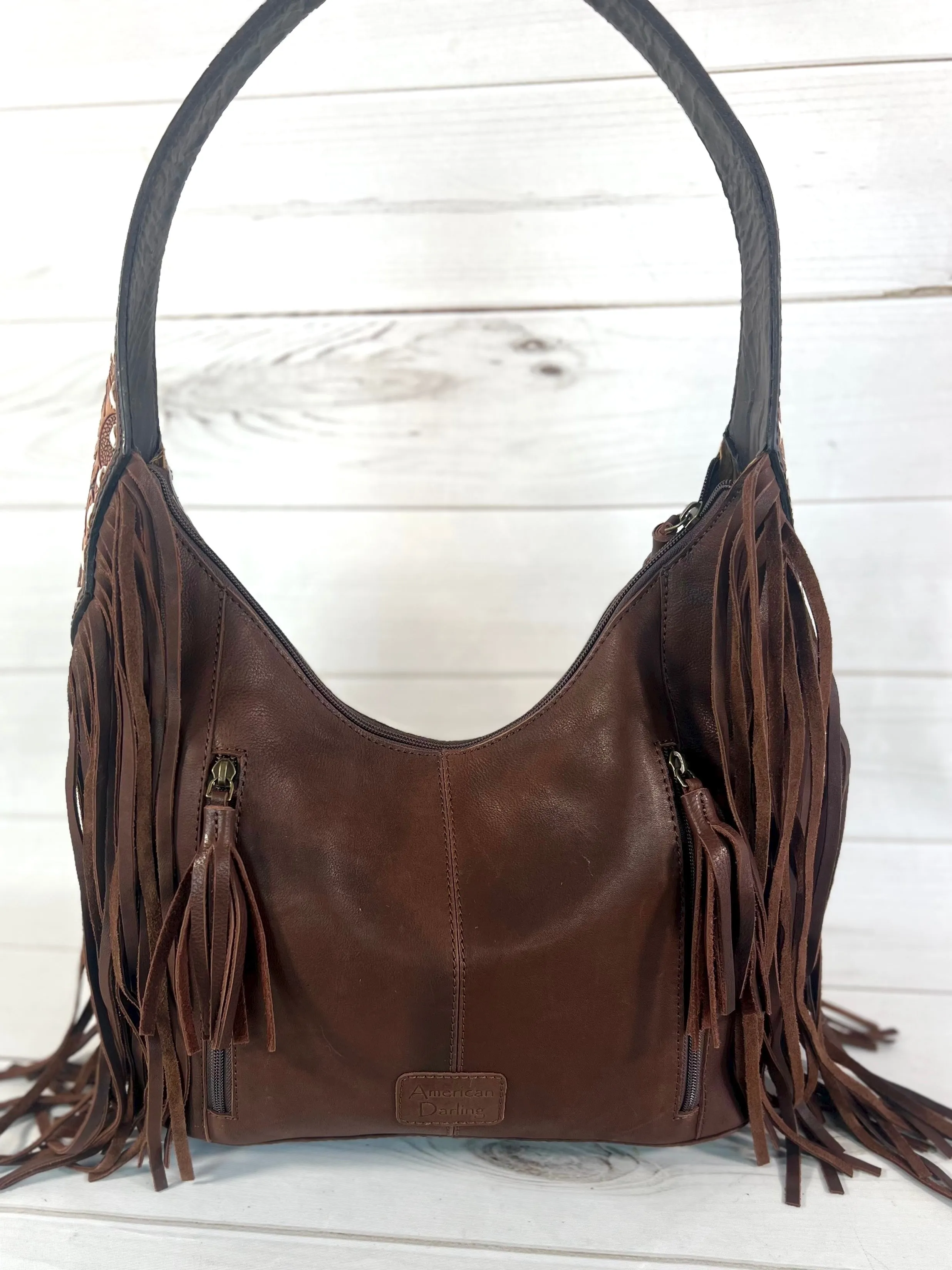 Light and Dark Leather Floral Tooled Cowhide Hobo Handbag