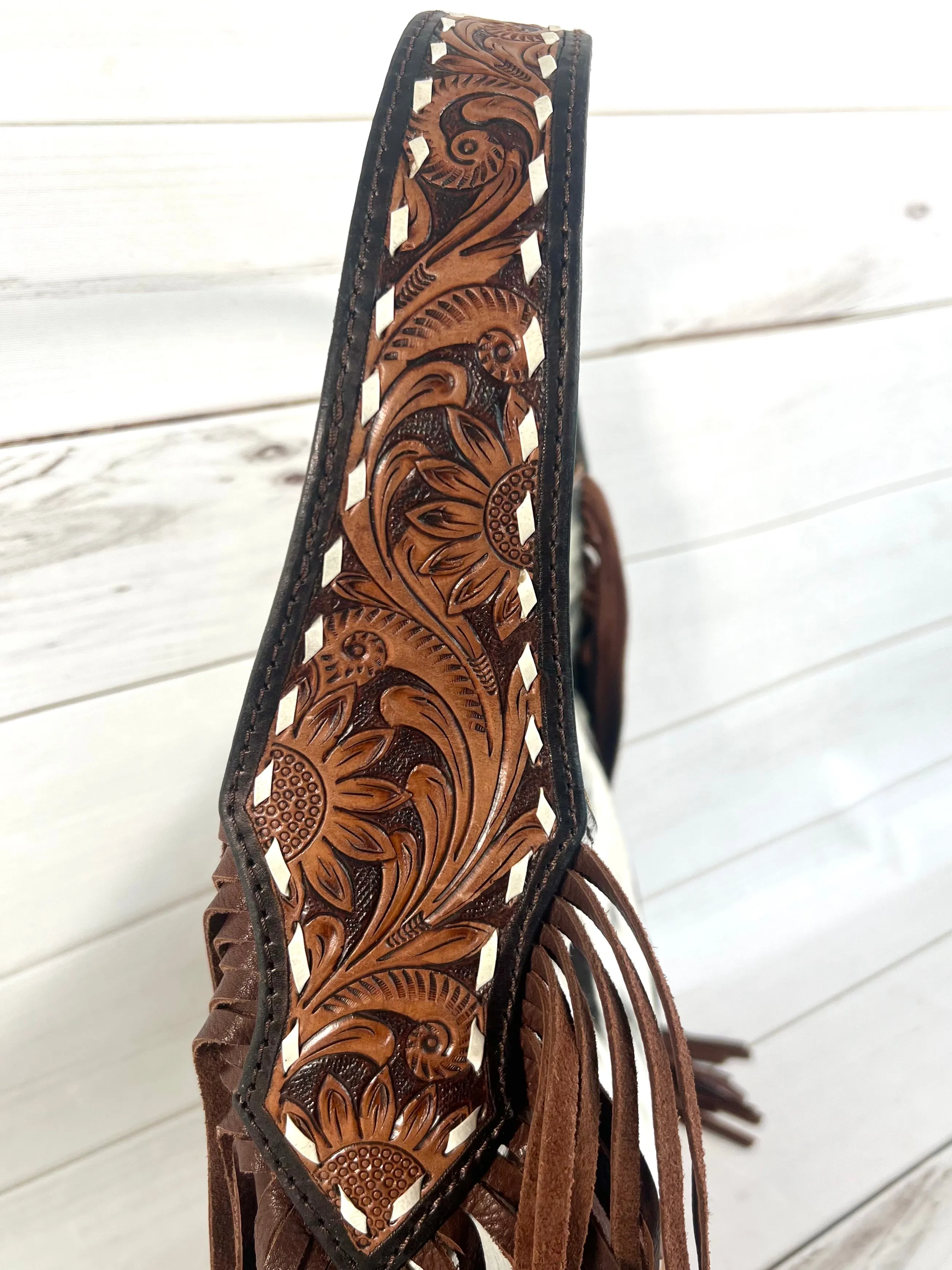 Light and Dark Leather Floral Tooled Cowhide Hobo Handbag