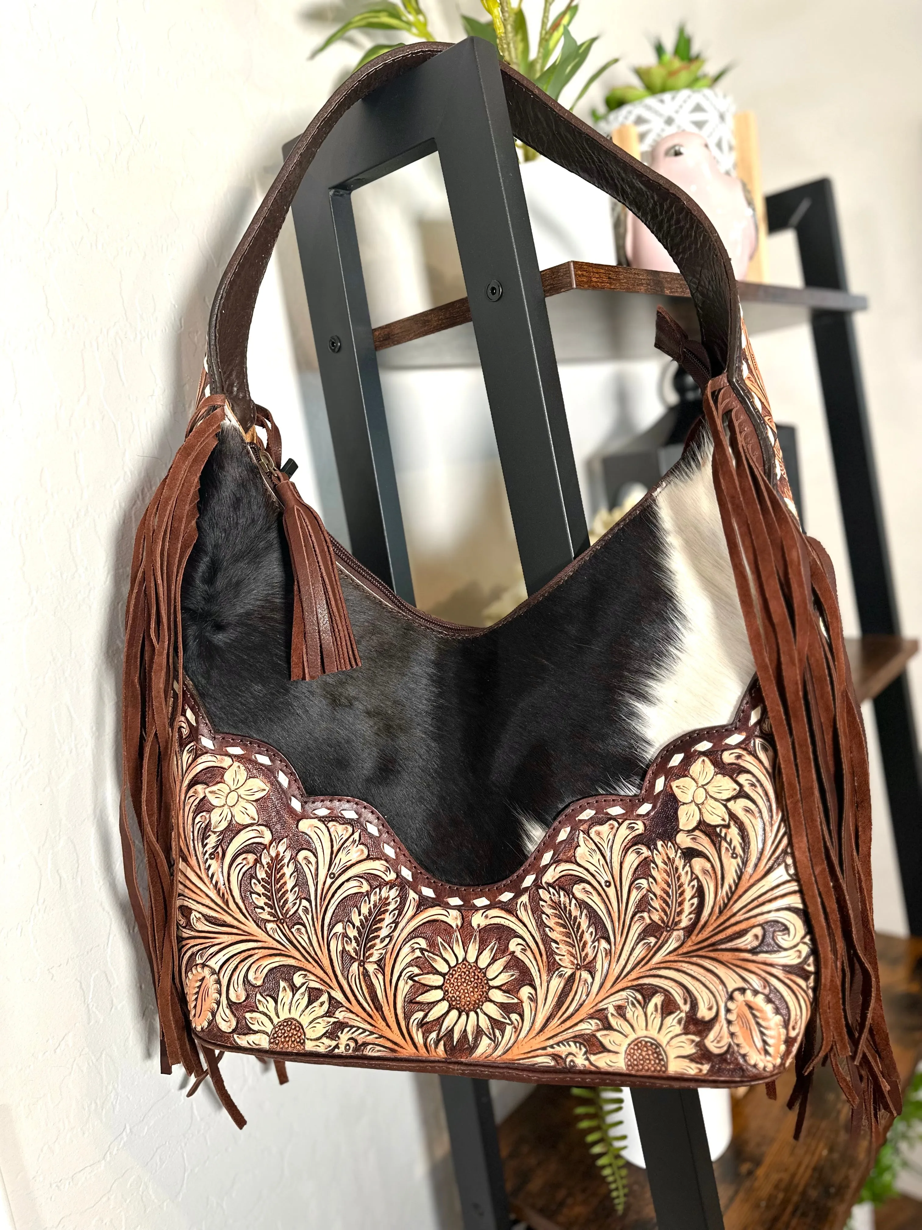 Light and Dark Leather Floral Tooled Cowhide Hobo Handbag