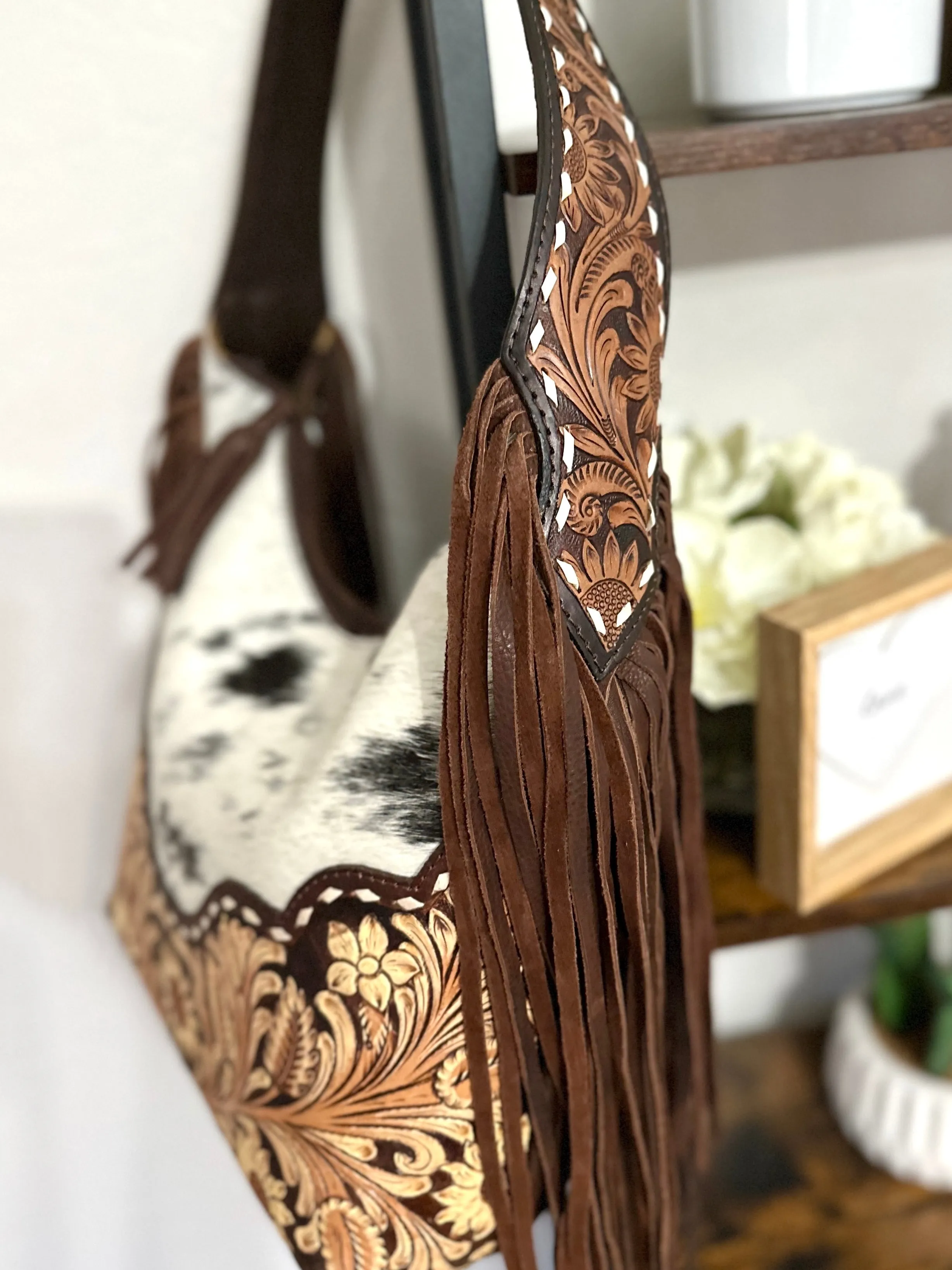 Light and Dark Leather Floral Tooled Cowhide Hobo Handbag