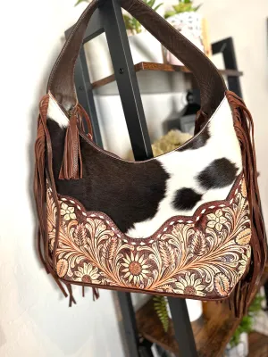 Light and Dark Leather Floral Tooled Cowhide Hobo Handbag
