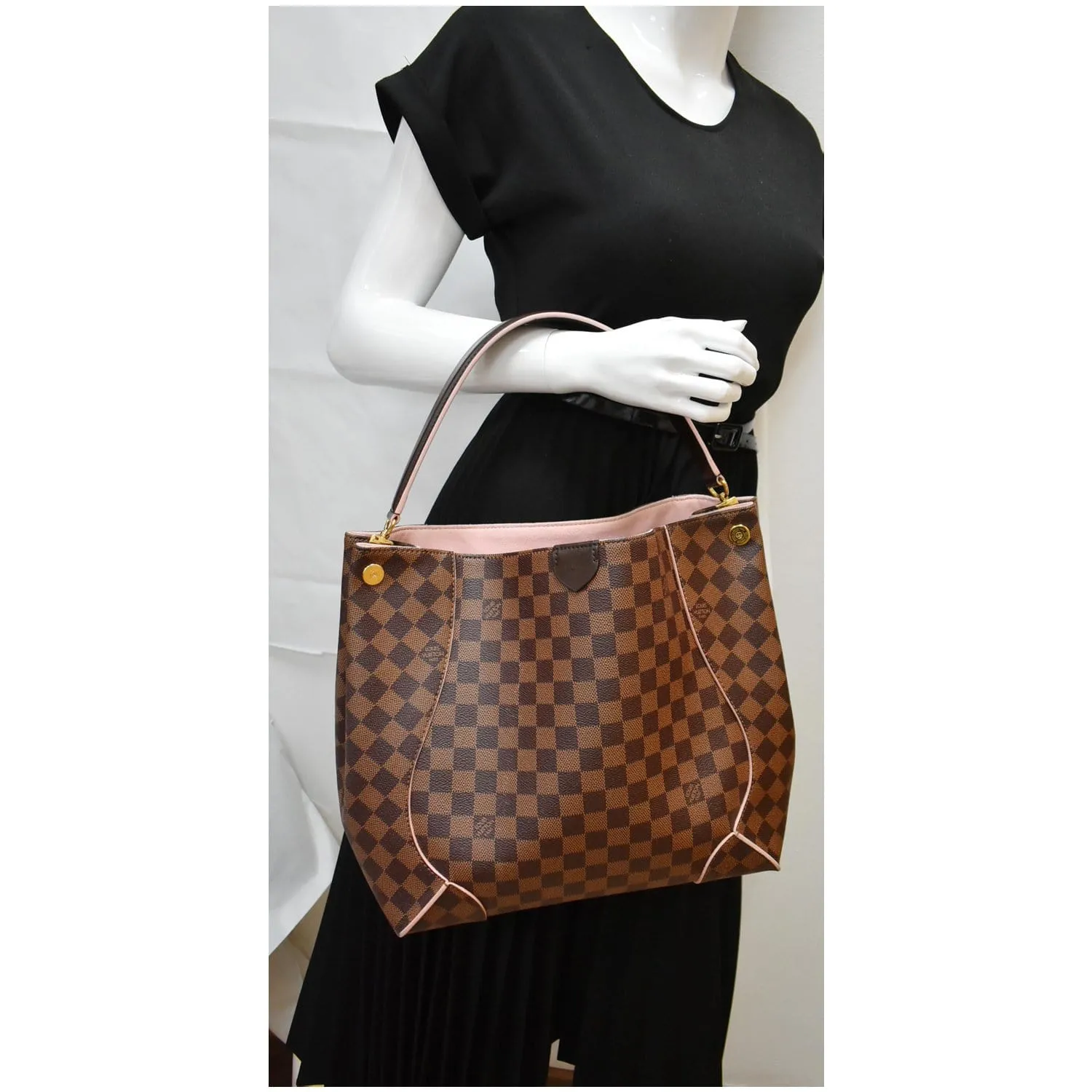 LOUIS VUITTON Caissa Damier Ebene Hobo Bag Rose Ballerine