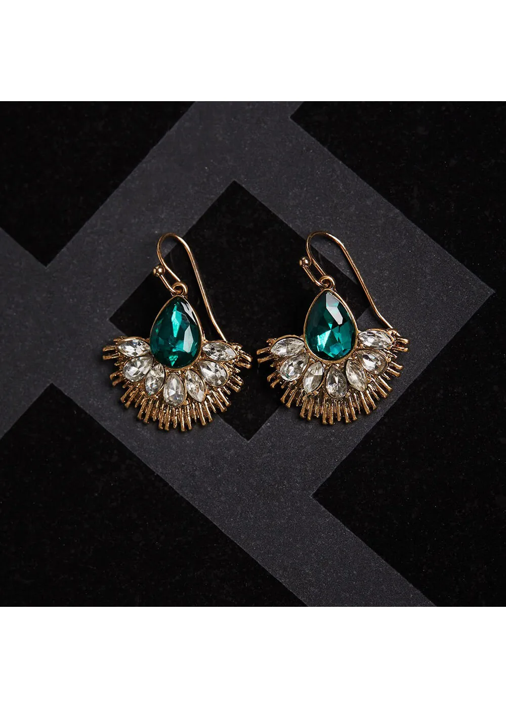 Love Vintage Crystal Fan 20's Earrings Green